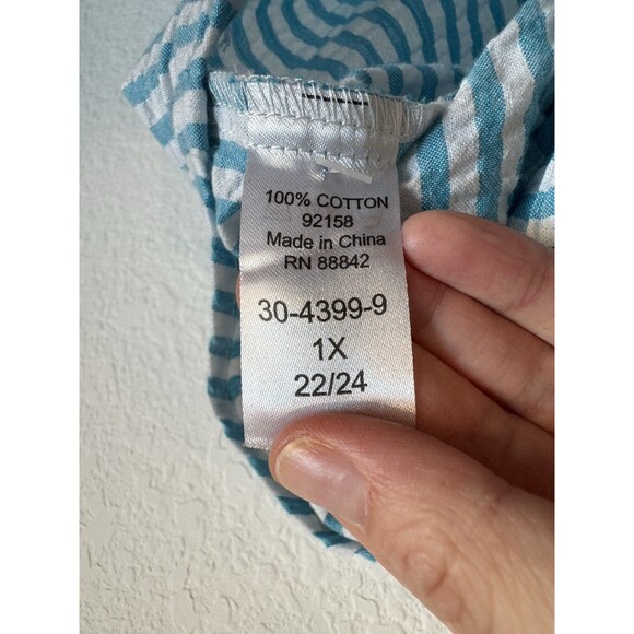 Woman Within Blue Striped Textured V Neck Short Sleeve Button Down Blouse 1X - Picture 5 of 9